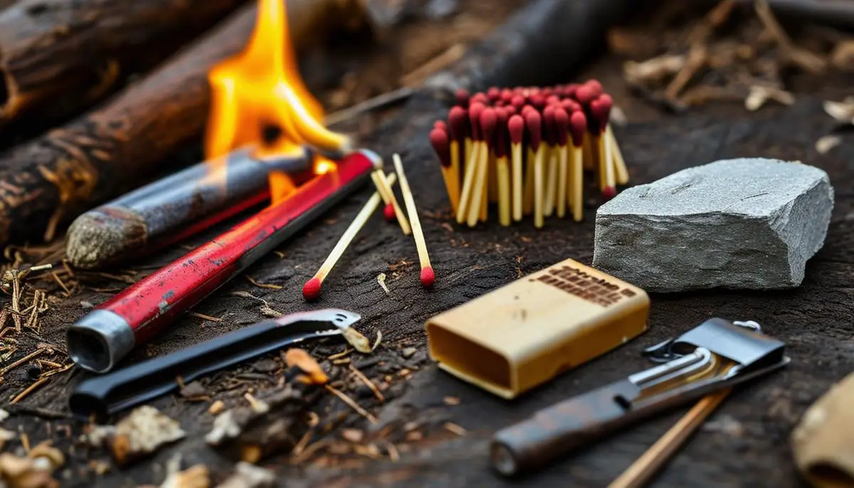 A collection of fire starting tools including matches, lighters, and flint